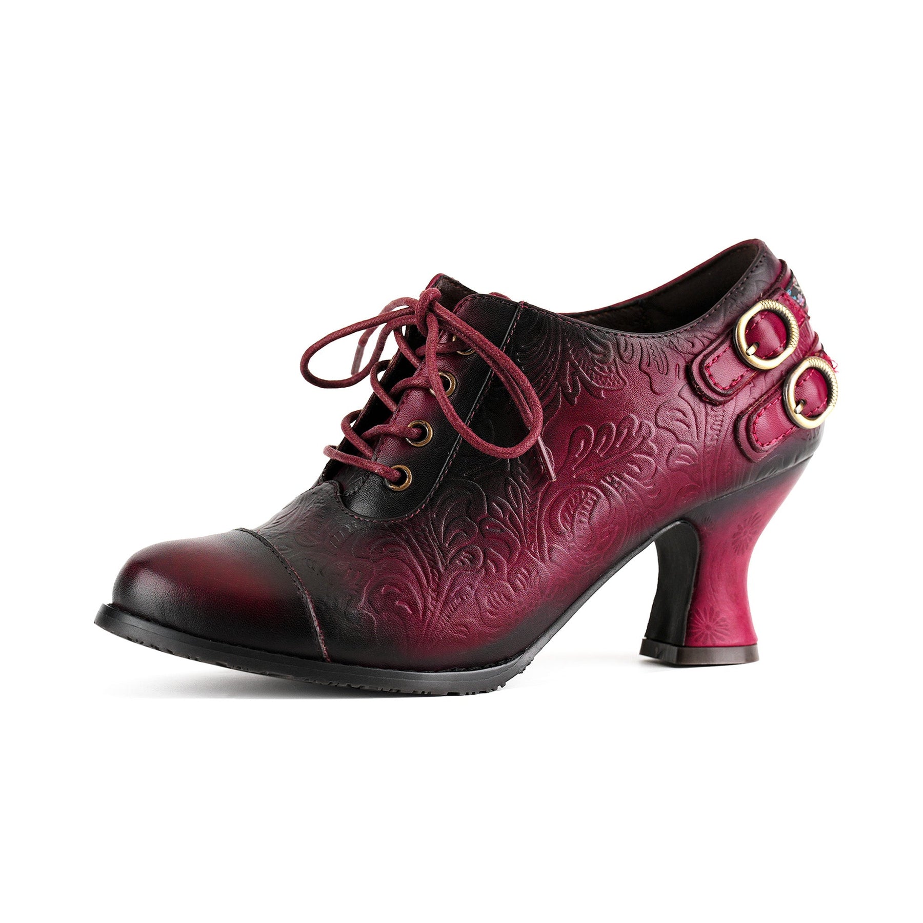 Floral Embossed Lace-Up Heels