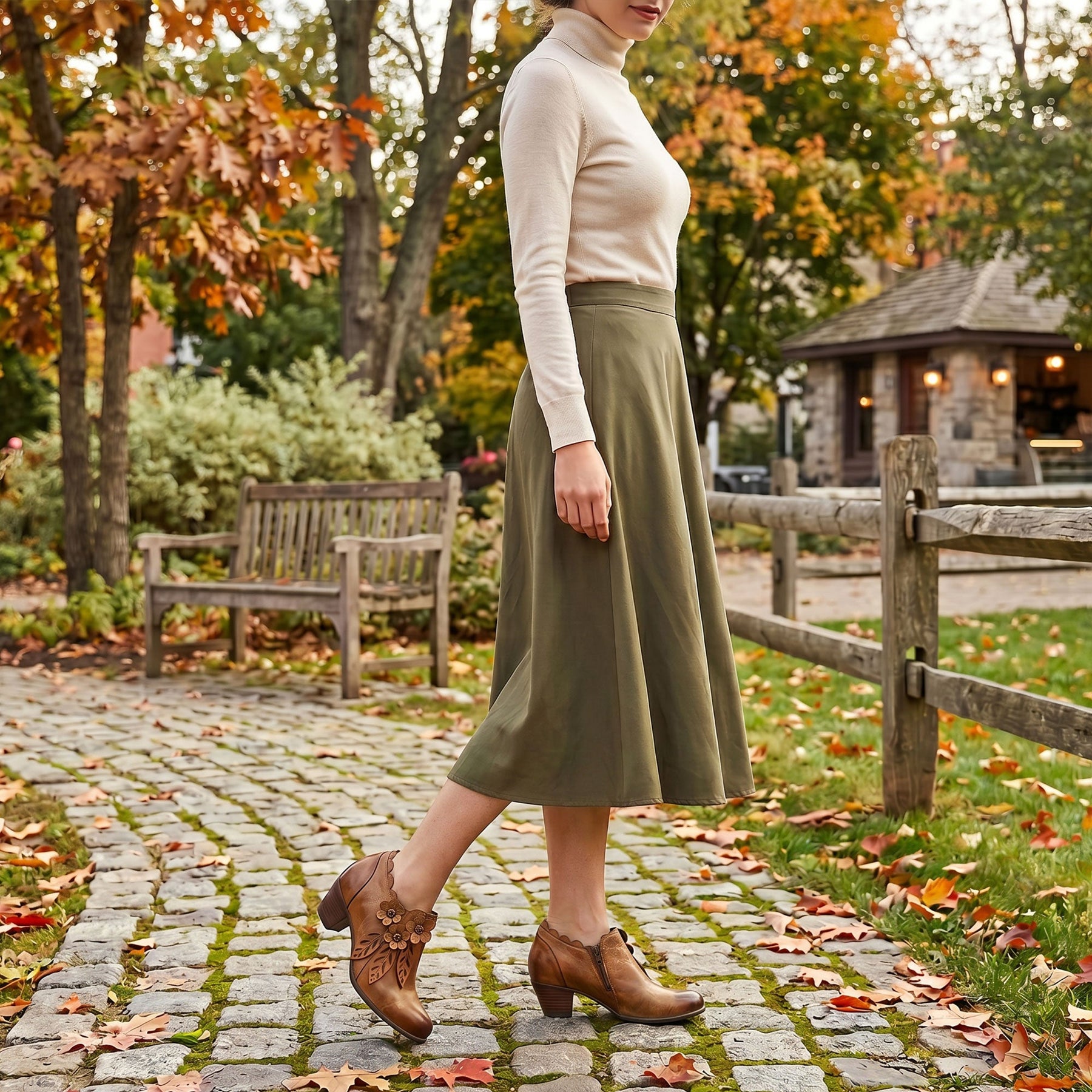 Retro Handmade Floral Leather Low-Heel Pumps