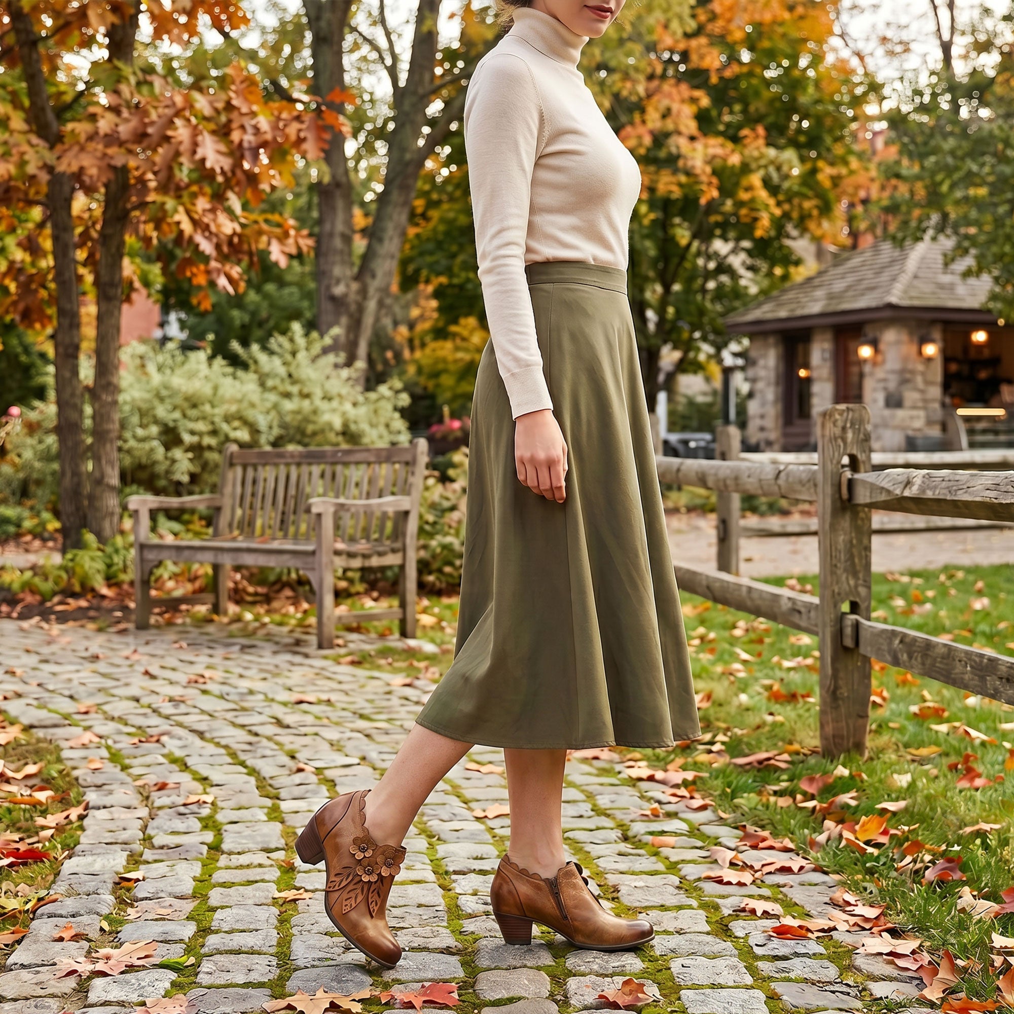 Retro Handmade Floral Leather Low-Heel Pumps