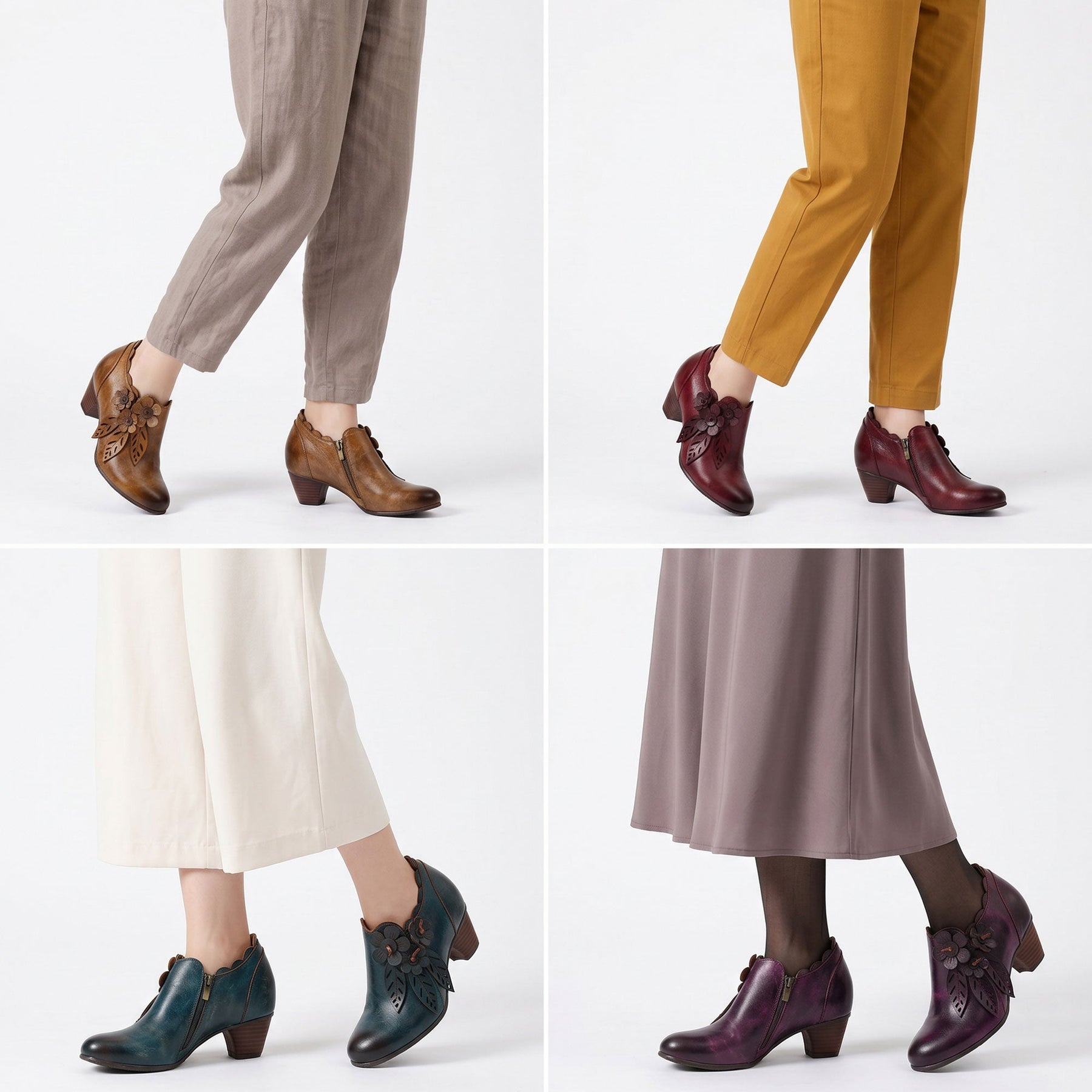 Retro Handmade Floral Leather Low-Heel Pumps