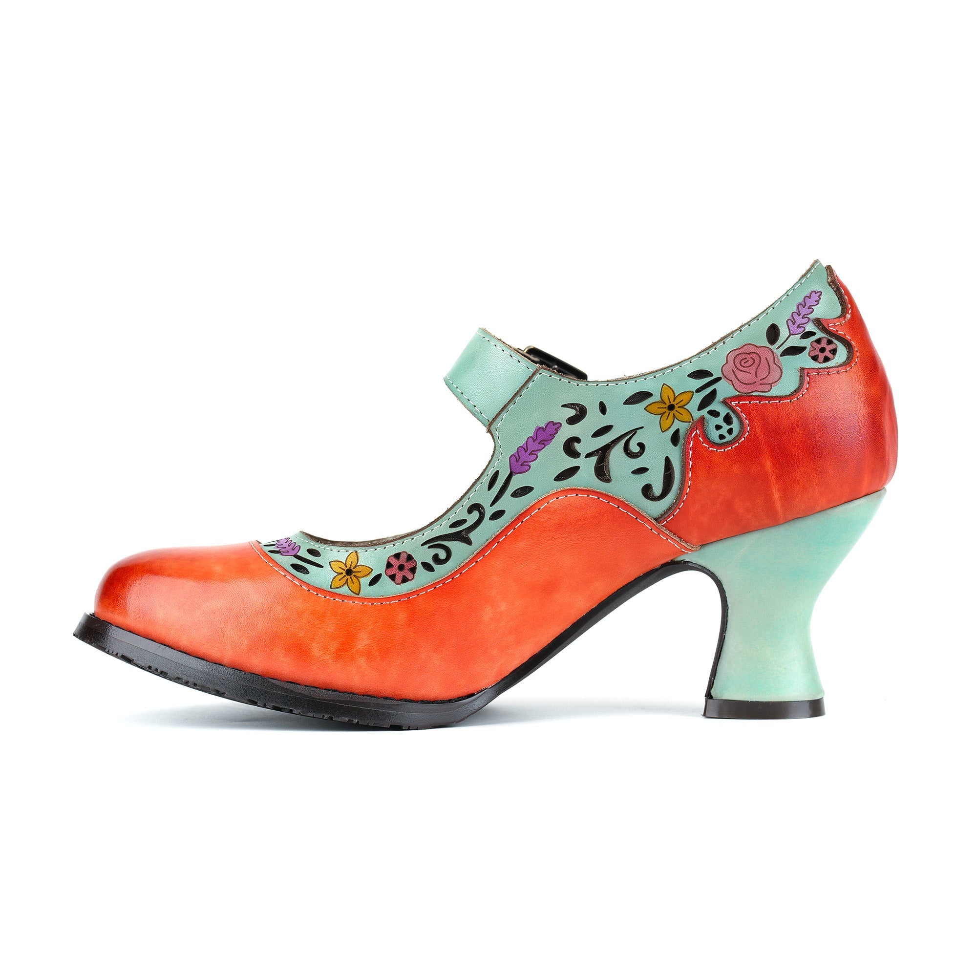 Retro Floral Two-Tone Design Mary Jane Pumps