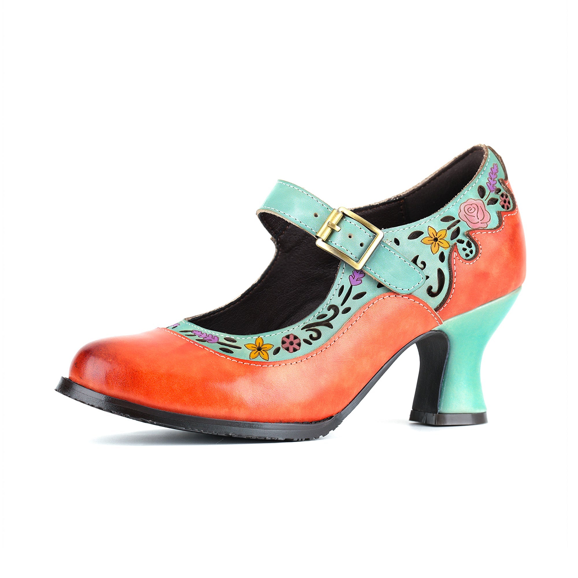Retro Floral Two-Tone Design Mary Jane Pumps