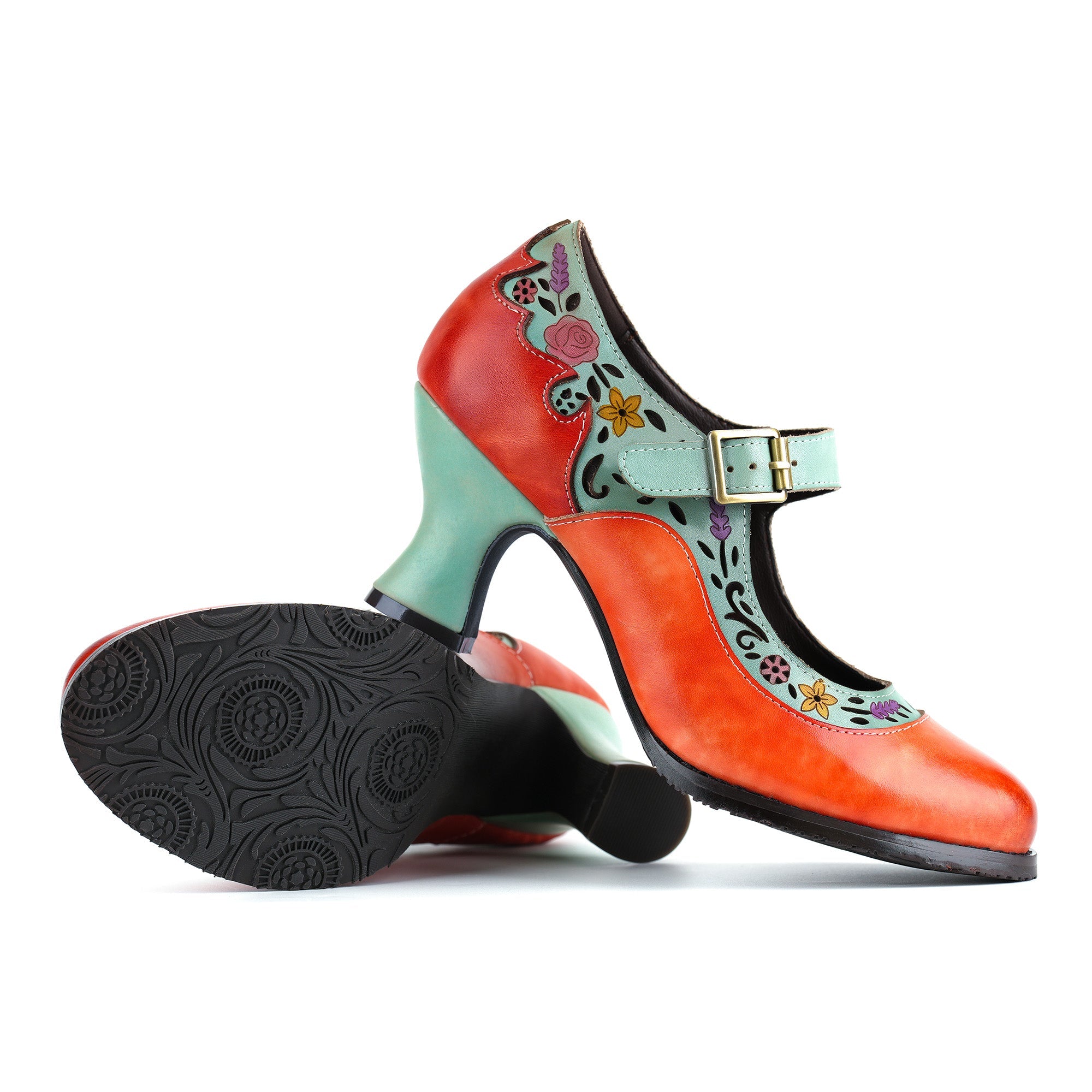 Retro Floral Two-Tone Design Mary Jane Pumps