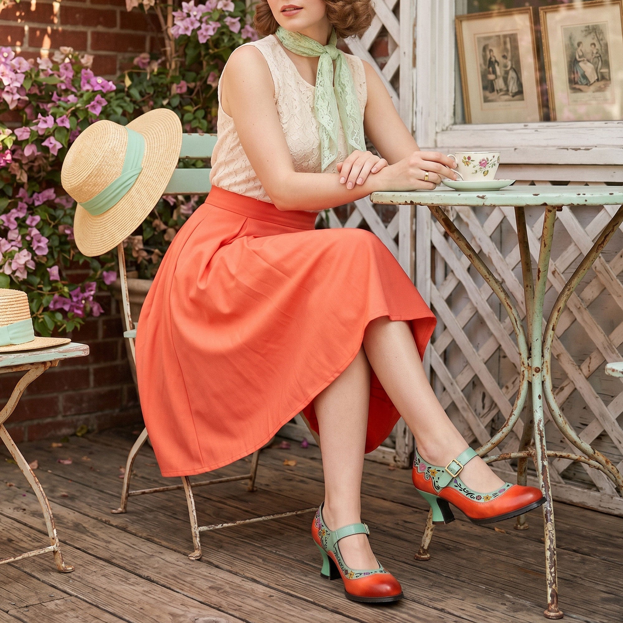 Retro Floral Two-Tone Design Mary Jane Pumps