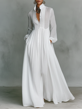 WOMEN'S MINIMALIST COTTON AND LINEN PATCHWORK SINGLE-BREASTED STAND-UP COLLAR LONG-SLEEVED MAXI DRESS MDA0658K6Y