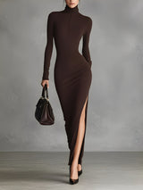 WOMEN'S BROWN STRETCH FABRIC CHIC TURTLENECK BODYCON SLIT DRESS MDA1311K1I