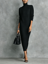 WOMEN'S ELEGANT BLACK KNITTED TURTLENECK LONG-SLEEVED LOOSE-FITTING  MIDI DRESS WITH NO POCKETS MDA1974L7AN