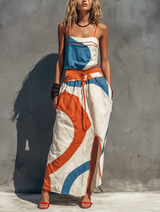 WOMEN'S CASUAL PRINTED WOVEN SLEEVELESS MAXI DRESS WITH SPAGHETTI STRAPS