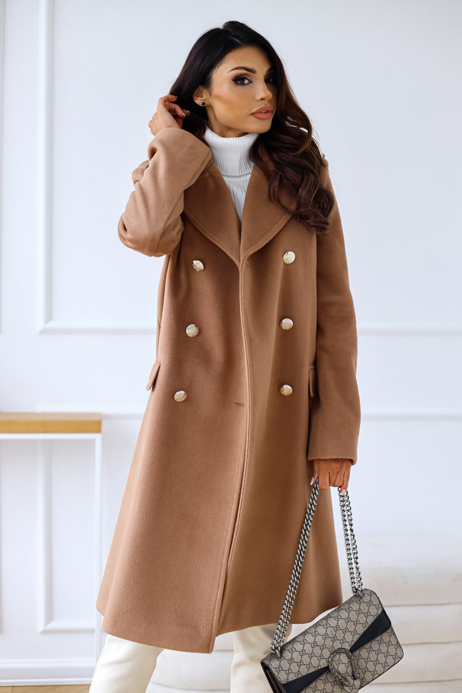 Women's Double-Breasted Wool Coat Gold Button Detail