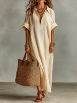 WOMEN'S MINIMALIST LOOSE-FITTING EMBROIDERED SHORT-SLEEVED MAXI DRESS MDZ0656A6Y