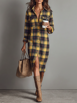 WOMEN'S FLANNEL PLAID LONG SLEEVE SHIRT MIDI DRESS MDA2294J2Y