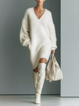 WOMEN'S WHITE ELEGANT V - NECK MINI SWEATER DRESS MDA1331J0I