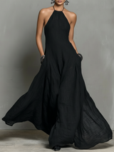 WOMEN'S MINIMALIST LINEN BLEND HALTER NECK SLEEVELESS MAXI DRESS MDZ2210A0Y