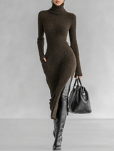 WOMEN'S SLIM FIT PLUSH KNITTED HIGH NECK SIDE SLIT MIDI DRESS MDA1401J4Y