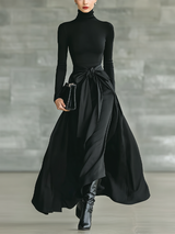 WOMEN'S BLACK HIGH-NECK HIGH-STRETCH KNITTED AND SATIN FLARED MAXI DRESS MDA2851J4T