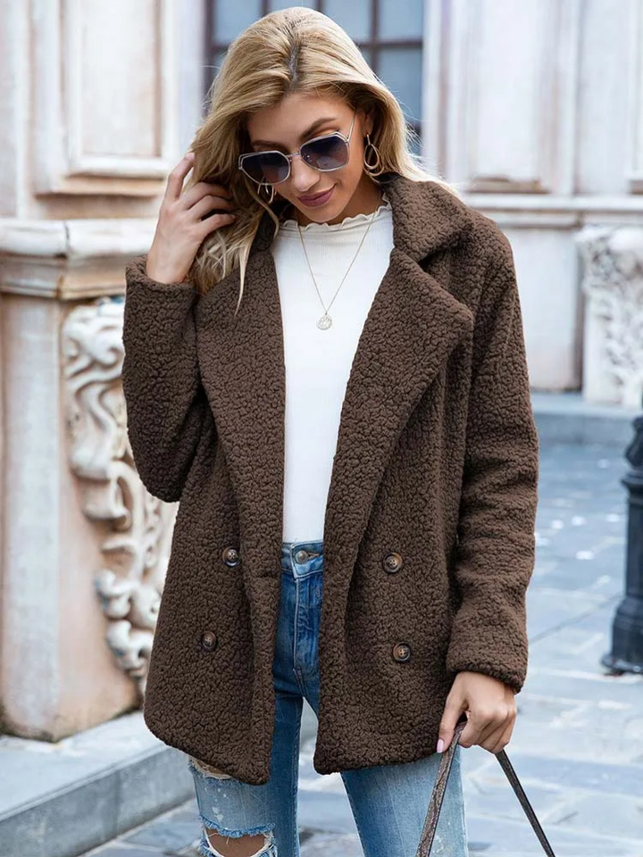 Women's Teddy Coat with Notch Lapel and Button Front