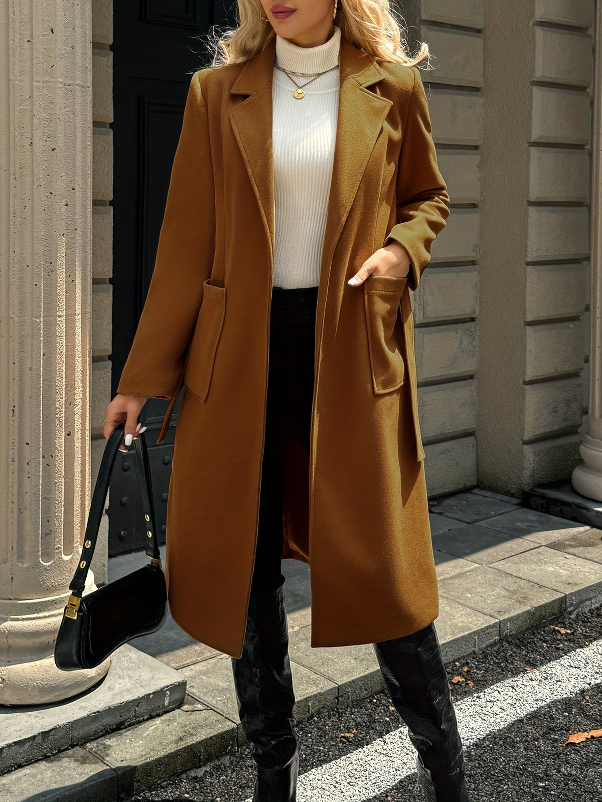 Women's Belted Long Coat Notch Lapel Front Pockets