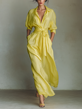 WOMEN'S LEMON YELLOW COTTON AND LINEN BLEND MAXI SHIRT DRESS WITH TIE WAIST & HALF SLEEVES MDZ2884A4T