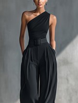 WOMEN'S BLACK KNITTED ONE-SHOULDER RUCHED TOP