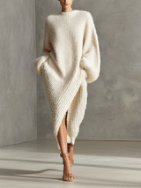 WOMEN'S CREAM ELEGANT FAUX MINK KNIT ASYMMETRIC SLIT MIDI DRESS MDA0245I2I