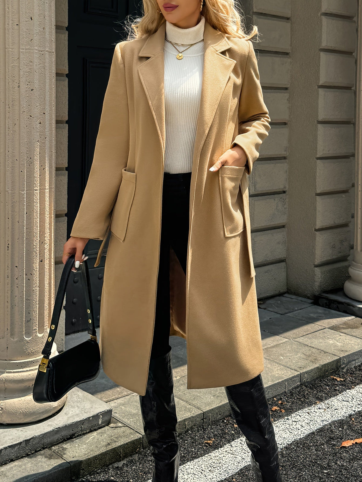 Women's Belted Long Coat Notch Lapel Front Pockets