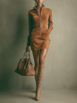 WOMEN'S CARAMEL BROWN FAUX SUEDE STAND COLLAR ZIPPER MINI DRESS MDA2432I8T