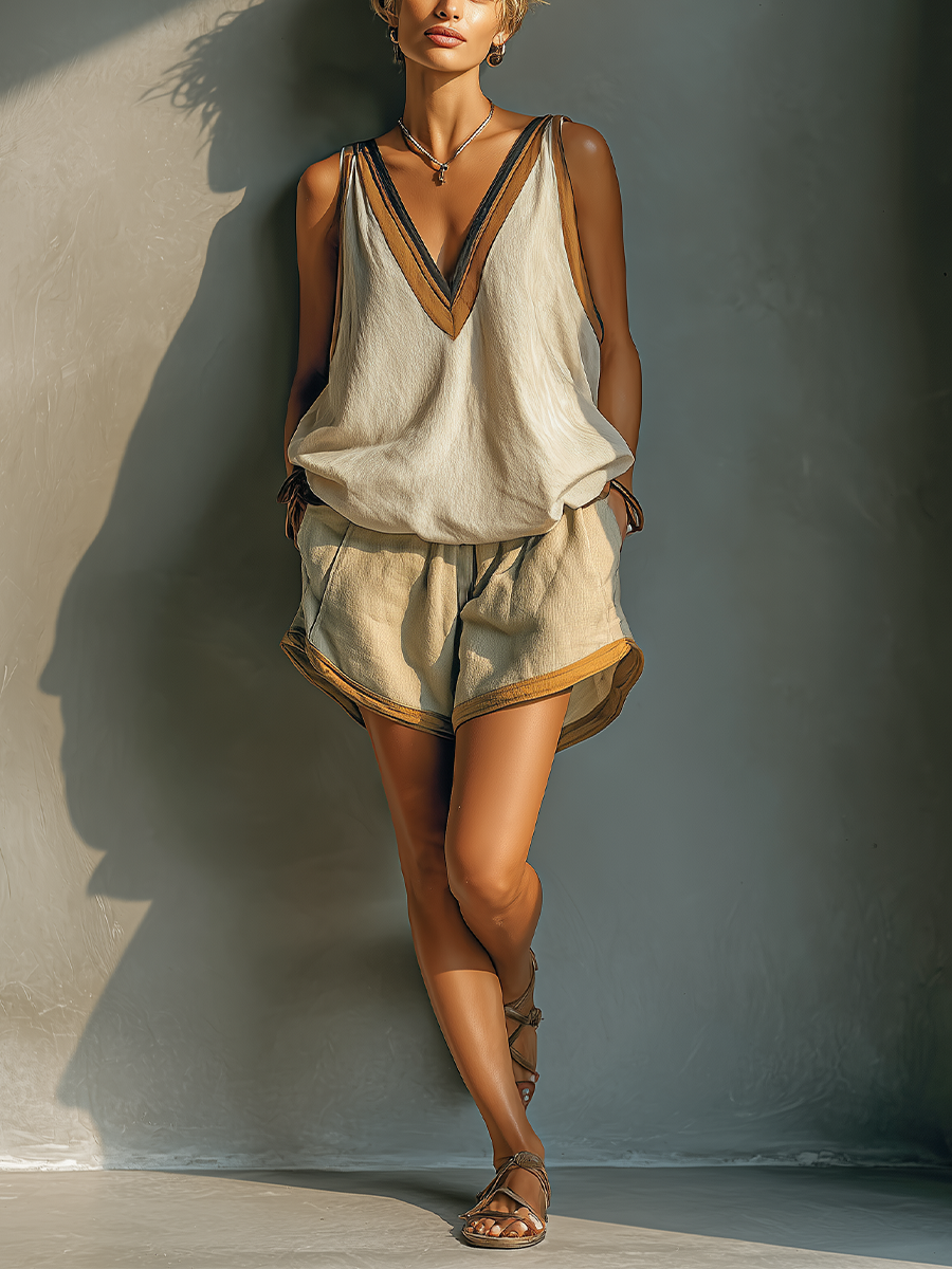 Women's Beige Linen Blend Contrast Binding V Neck Oversized Sleeveless Camisole Top