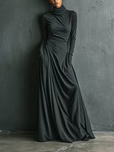 WOMEN'S CHARCOAL ELEGANT STRETCH POLYESTER-COTTON BLEND TURTLENECK DRAPED MAXI DRESS MDA1727J1I