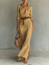 LADIES LAPEL SINGLE BREASTED LONG SLEEVE BELTED MAXI DRESS MDA1500G4Y