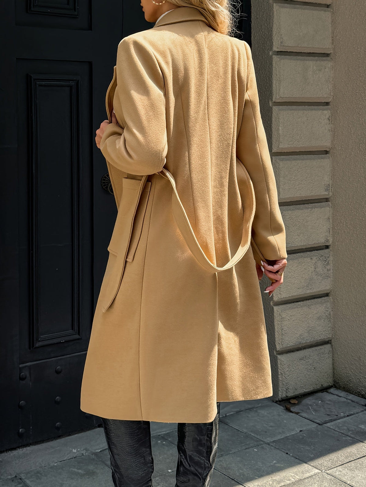 Women's Belted Long Coat Notch Lapel Front Pockets