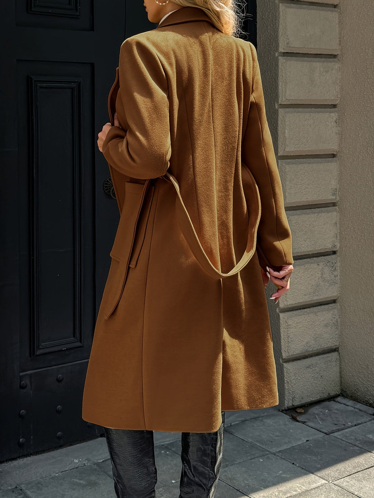 Women's Belted Long Coat Notch Lapel Front Pockets