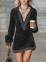 WOMEN'S VINTAGE FAUX SUEDE EMBROIDERED SHIRT COLLAR LONG SLEEVE MINI DRESS MDA1807I4Y