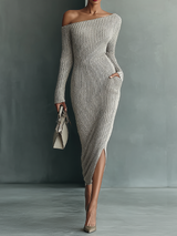 WOMEN'S GRAY ONE-SHOULDER KNITTED DRESS MDA0233I9T