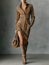 WOMEN'S FASHION SUEDE SINGLE BREASTED LAPEL LONG SLEEVE MIDI DRESS MDA1867H7Y