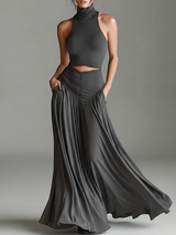 WOMEN'S CHARCOAL GRAY STRETCH KNIT DRESS WITH TURTLENECK HALTER & CUTOUT WAIST, TIMELESS MINIMALIST ELEGANT STYLE DRESS MDZ0960B2I