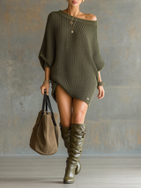 WOMEN'S KNIT LOOSE LARGE ROUND NECK BATWING SLEEVE MINI DRESS MDA1695I0Y