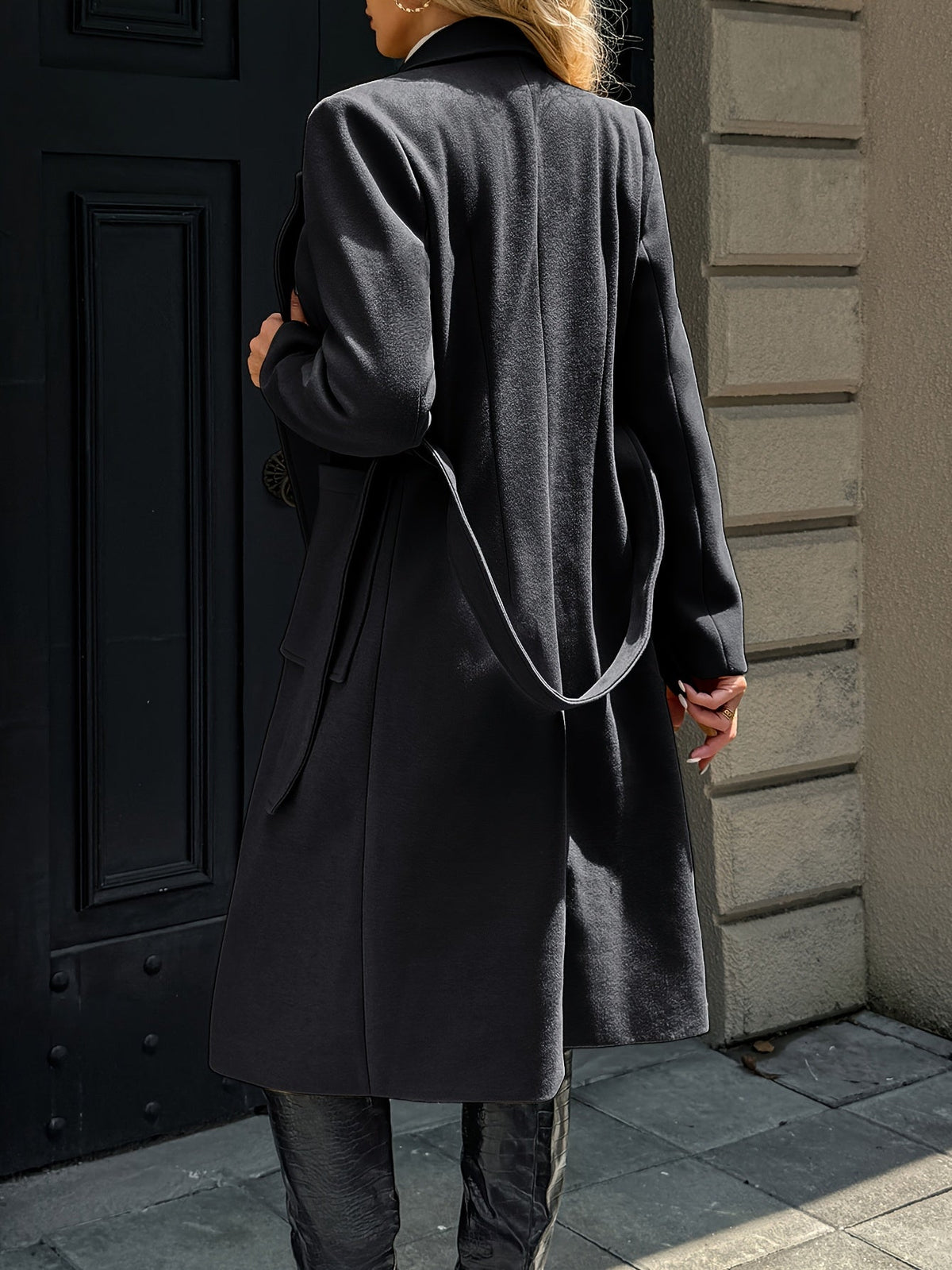Women's Belted Long Coat Notch Lapel Front Pockets