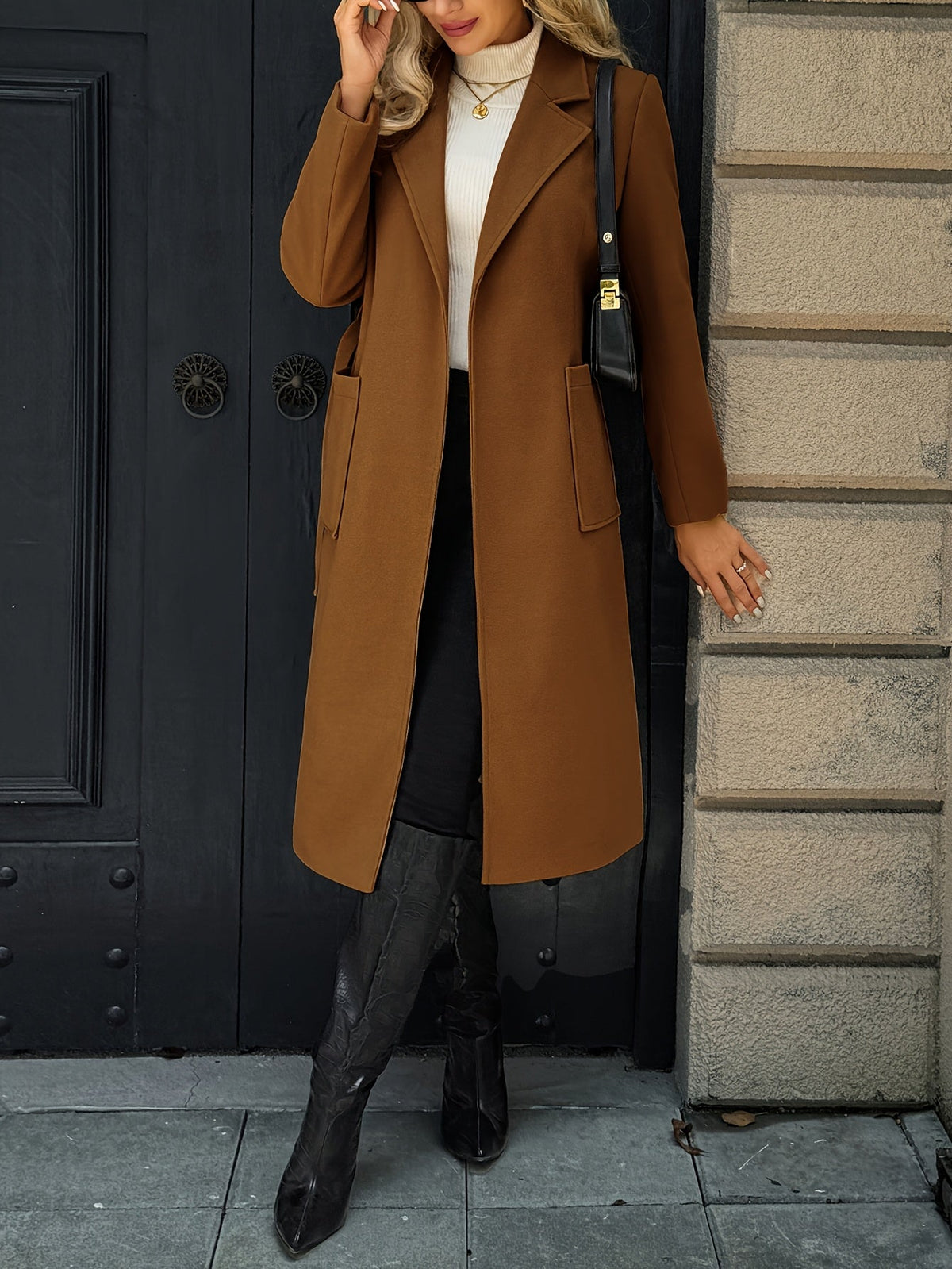 Women's Belted Long Coat Notch Lapel Front Pockets