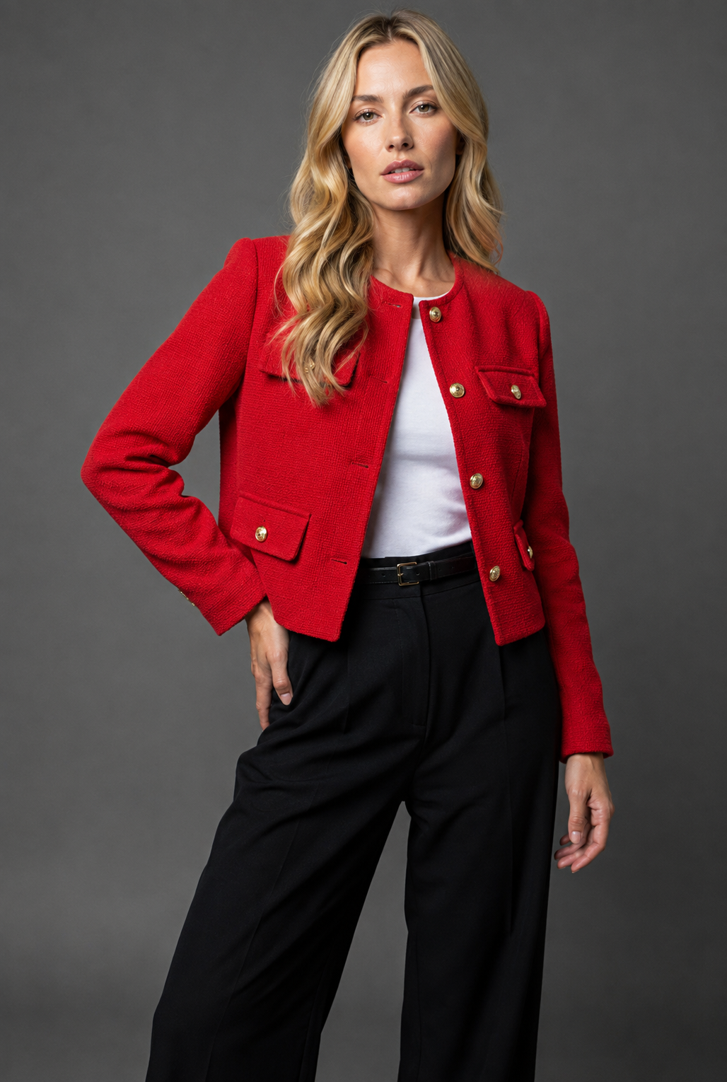 Cropped Tweed Blazer with Gold Buttons and Flap Pockets