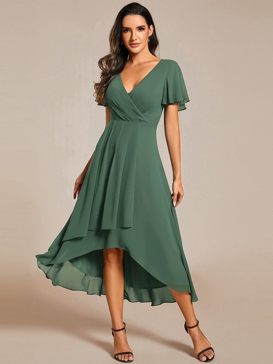 Zoe | Ruffle Sleeve Pleated V-Neck Chiffon Midi Dress