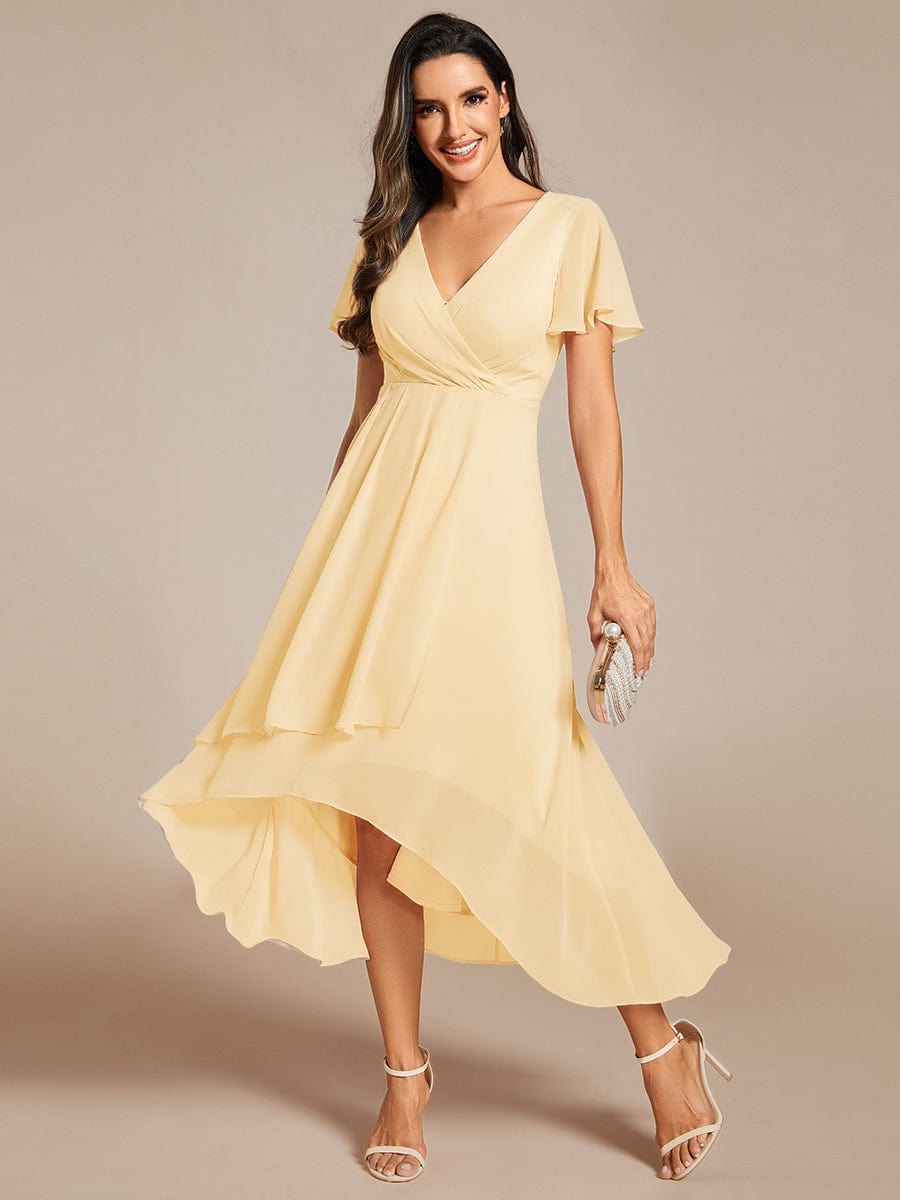 Zoe | Ruffle Sleeve Pleated V-Neck Chiffon Midi Dress