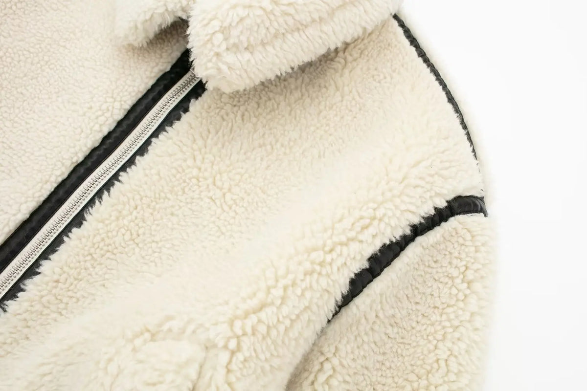 Women's Oversized Teddy Jacket with Contrast Trim