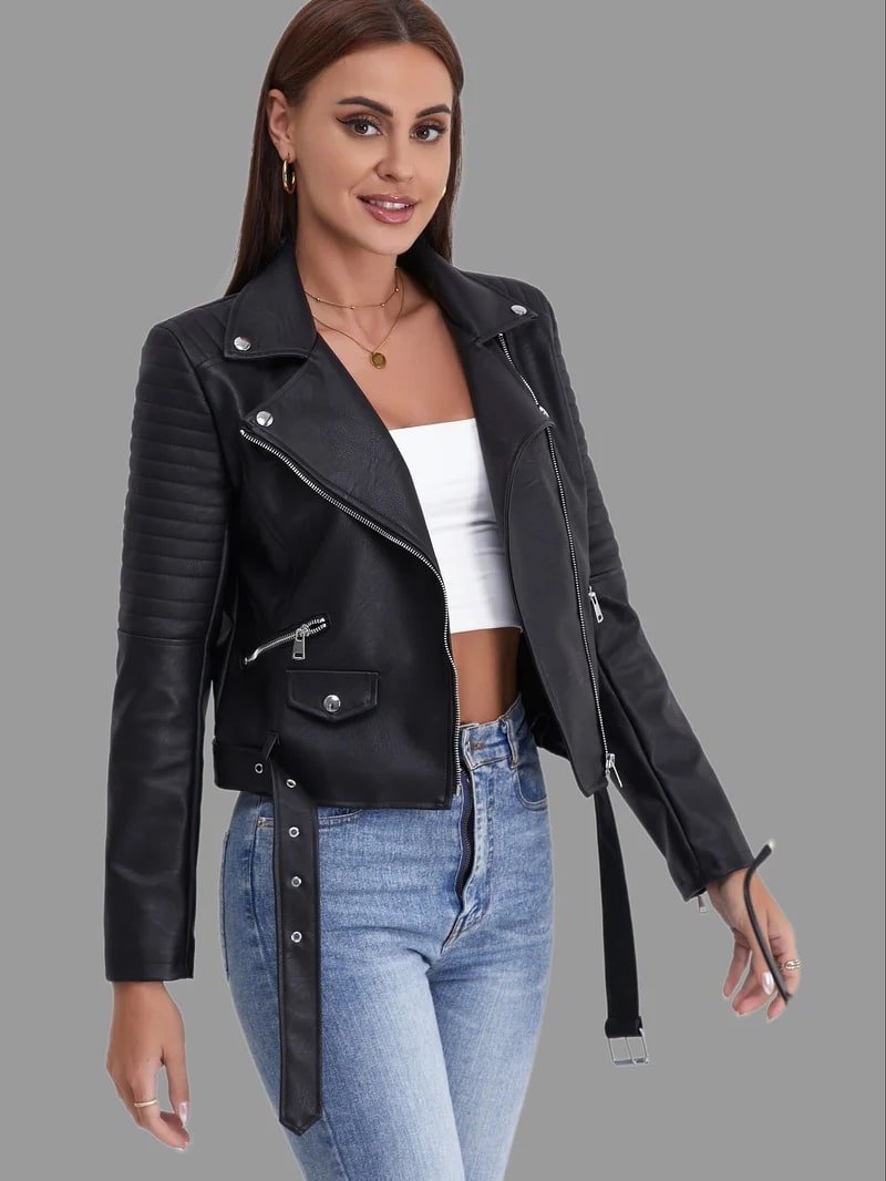 Women's Quilted Sleeve Biker Jacket with Asymmetric Zip