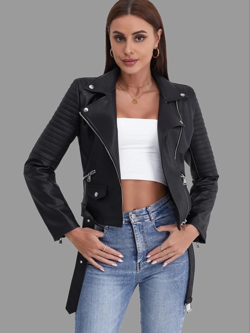 Women's Quilted Sleeve Biker Jacket with Asymmetric Zip
