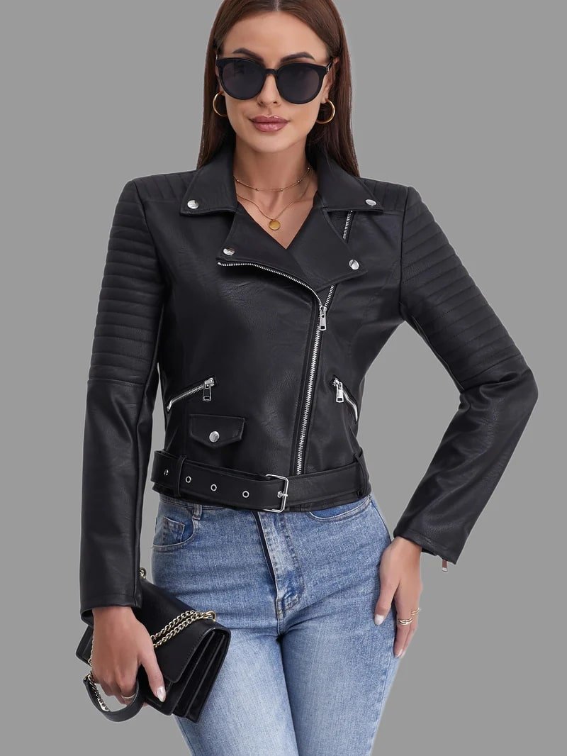 Women's Quilted Sleeve Biker Jacket with Asymmetric Zip