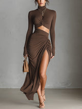 WOMEN'S FASHIONABLE BROWN KNITTED STRETCH LONG-SLEEVED DRESS MDA1939L9AN