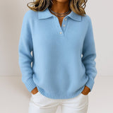 Knit Sweater with Polo Collar and Button Placket