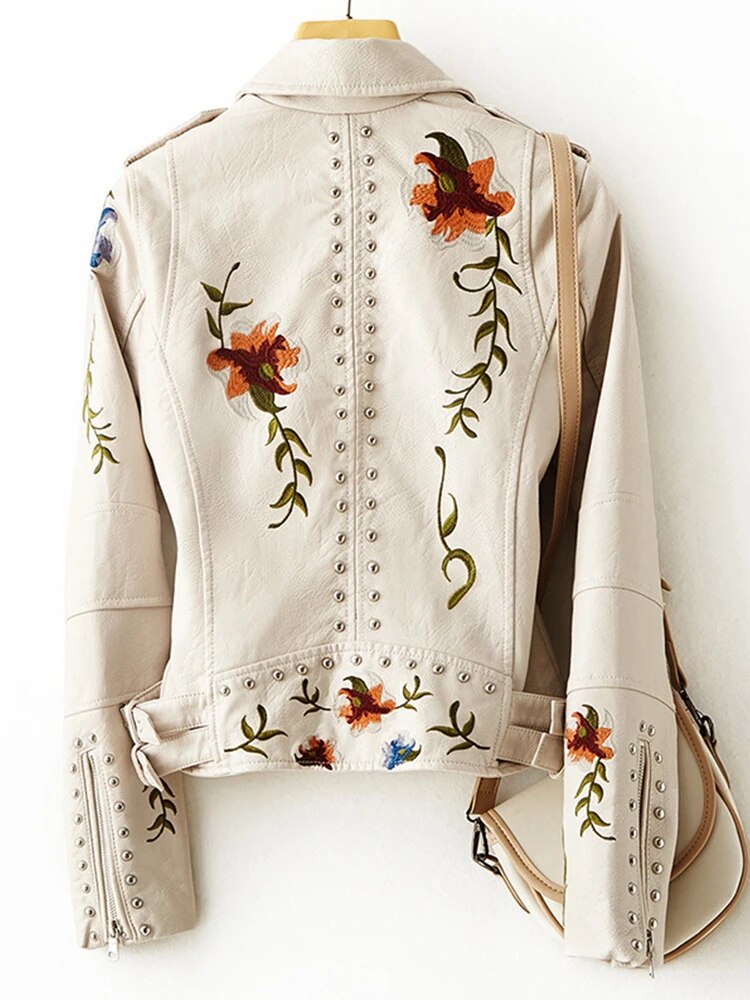 Women's Embroidered Biker Jacket with Floral Detail