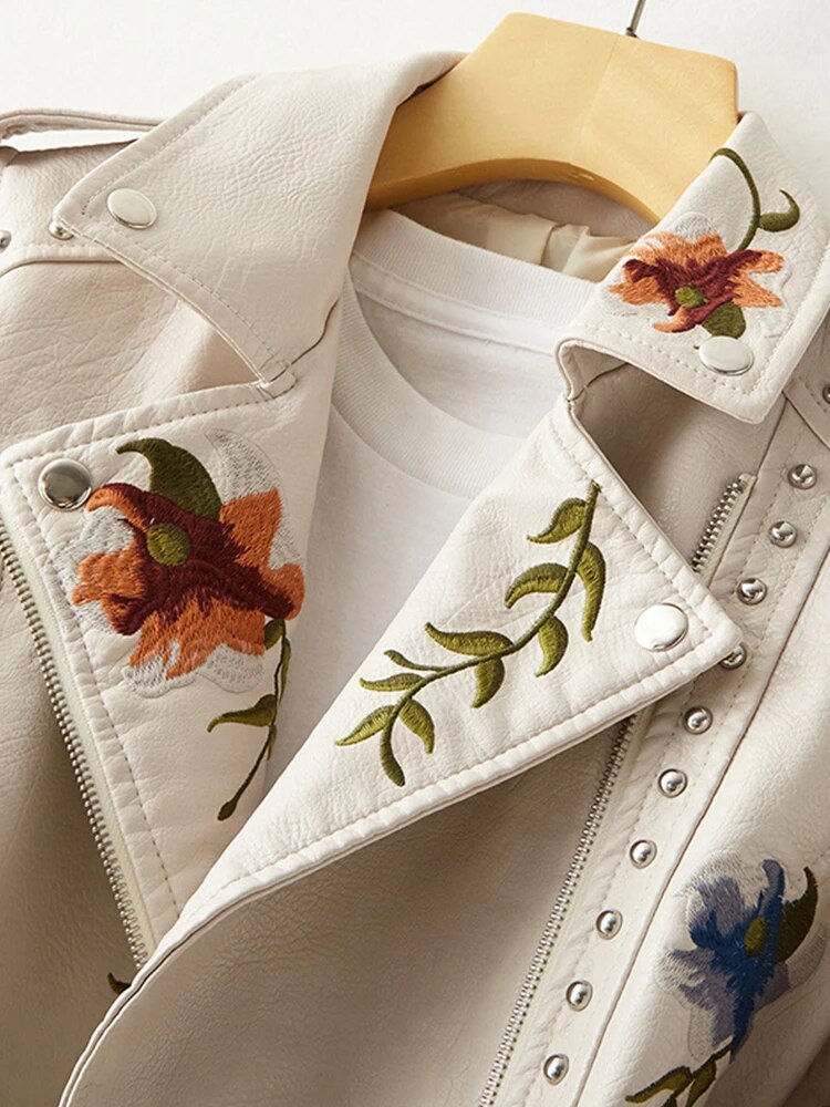 Women's Embroidered Biker Jacket with Floral Detail