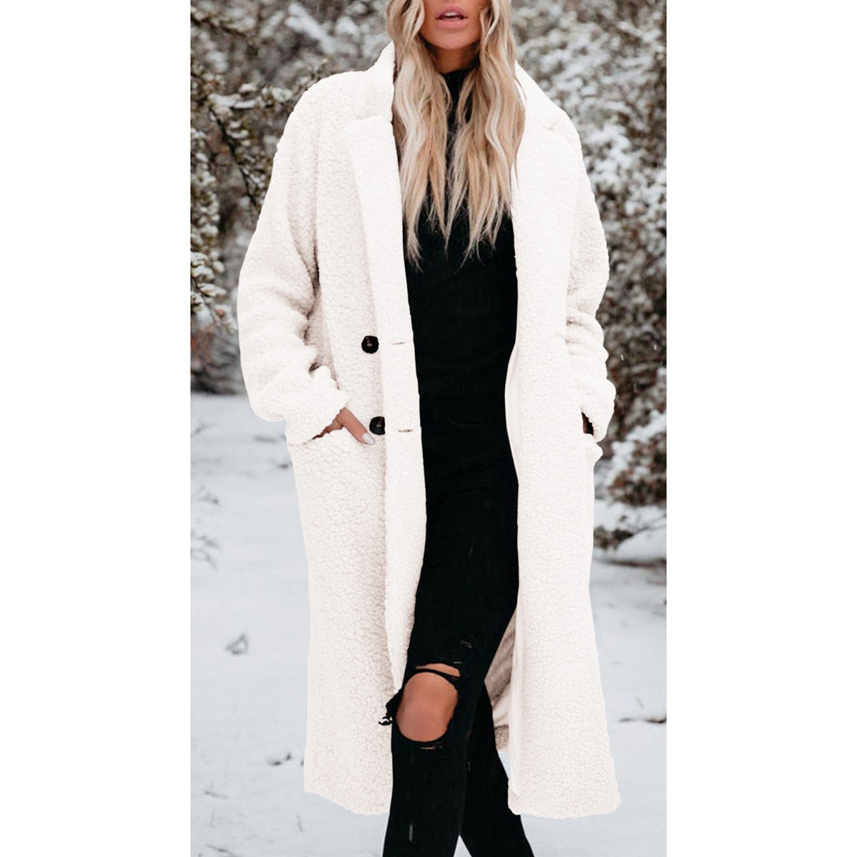 Women's Long Teddy Coat with Button Front Closure